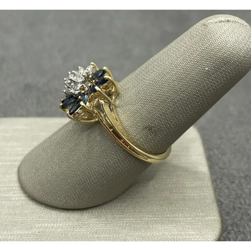 14K Yellow Gold Diamond & Blue Stone Cluster Wave Ring (21886)